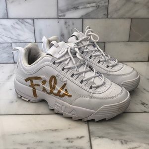 FILA Disruptor II Gold Script White Sneakers